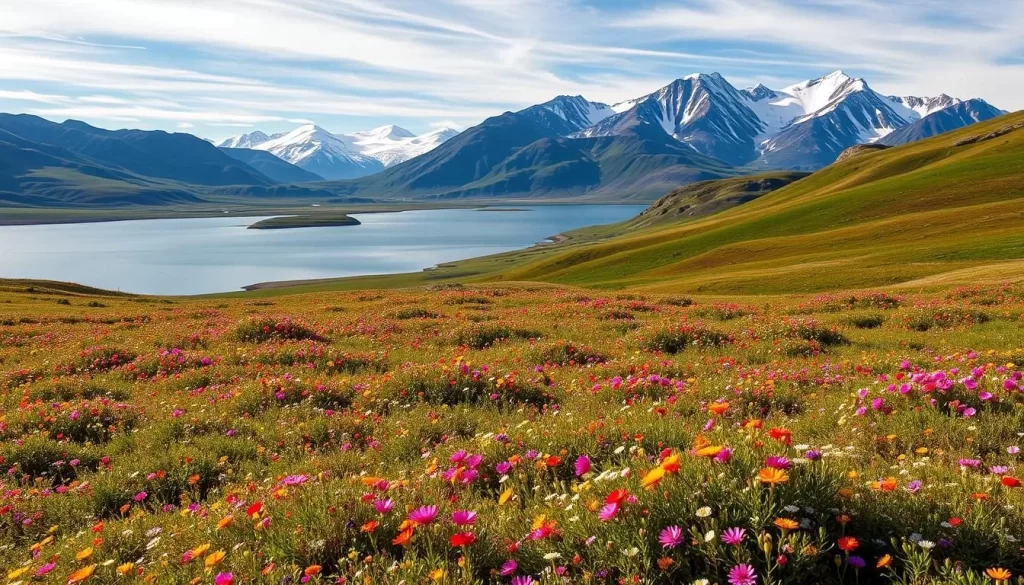 A breathtaking summer landscape on Banks Island in Canada's Northwest Territories. In the foreground, rolling tundra is blanketed in a vibrant tapestry of wildflowers, their petals dancing in a gentle breeze. The middle ground features a serene lake, its calm waters reflecting the surrounding hills and valleys. In the background, rugged mountains rise majestically, their snow-capped peaks glistening under the warm Arctic sun. The scene is bathed in soft, natural lighting, creating a sense of tranquility and wonder. Capture the essence of this remote, untamed beauty, a true gem of the Canadian Arctic.