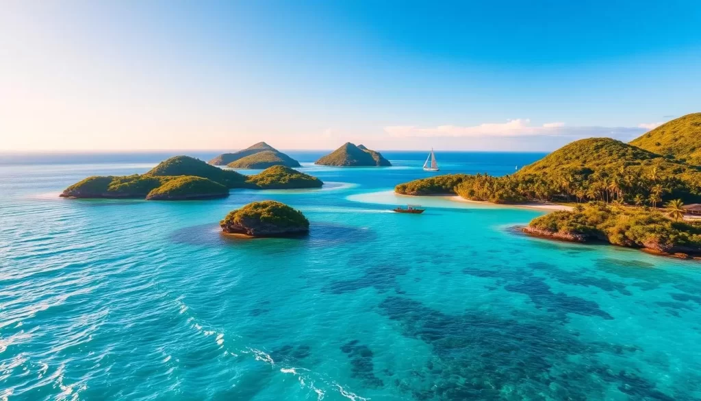 A breathtaking tropical landscape with the San Blas Islands in the foreground, surrounded by crystal-clear turquoise waters and dotted with vibrant white-sand beaches. Lush, palm-fringed islands rise gently from the sea, their slopes covered in verdant foliage. Sunlight dances across the waves, casting a warm, golden glow over the entire scene. In the distance, a few traditional Kuna Yala sailboats dot the horizon, their colorful sails catching the wind. The overall mood is one of tranquility, adventure, and the pure beauty of this idyllic Caribbean paradise.