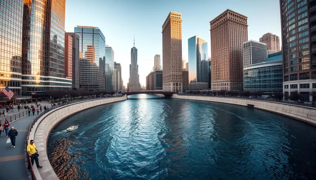 A breathtaking view of the iconic Chicago River, its waters reflecting the stunning architectural marvels lining its banks. Majestic skyscrapers, their glass facades gleaming in the warm, golden sunlight, tower over the gently flowing river. Pedestrians stroll along the riverfront promenade, marveling at the perfect harmony of nature and man-made structures. The river's gentle currents create mesmerizing patterns, inviting visitors to pause and appreciate the city's renowned architectural wonders. A serene, yet dynamic scene that captures the essence of Chicago's architectural grandeur.