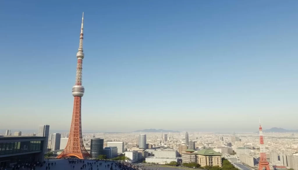 A breathtaking view of the iconic Tokyo Skytree, its graceful silhouette soaring against a clear, azure sky. In the foreground, a bustling plaza teems with people admiring the towering structure, its sleek, modern design reflecting the vibrant energy of the city. The middle ground showcases the surrounding cityscape, a tapestry of skyscrapers and traditional Japanese architecture, bathed in warm, golden light. In the distance, the horizon is dotted with the distinctive profiles of distant hills, creating a serene, panoramic vista. The overall scene conveys a sense of awe, wonder, and the perfect blend of modernity and tradition that defines the essence of Tokyo.