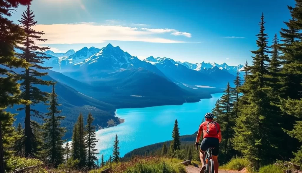 A breathtaking vista of Kluane National Park unfolds before the cyclist, who navigates a winding trail through a lush, verdant landscape. Towering, snow-capped peaks rise majestically in the distance, their jagged silhouettes cutting sharply against a clear, azure sky. Shimmering turquoise lakes reflect the surrounding mountains, creating a serene and tranquil atmosphere. Sunlight filters through the canopy of towering spruce and pine trees, casting a warm, golden glow over the scene. The cyclist, clad in vibrant cycling gear, is dwarfed by the grandeur of the natural world, their journey a small but integral part of this breathtaking, untamed wilderness.