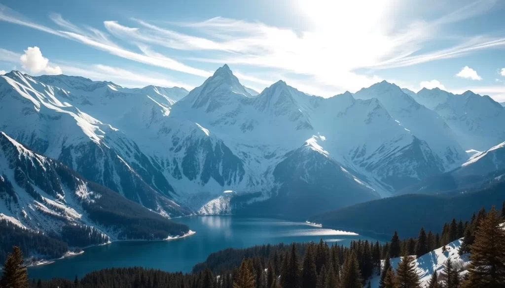 A breathtaking vista of snow-capped mountain peaks piercing the sky, their jagged ridges and slopes blanketed in pristine white against a clear, azure backdrop. Sunlight filters through wispy clouds, casting a warm, ethereal glow over the rugged landscape. In the foreground, a tranquil alpine lake reflects the majestic peaks, its still waters mirroring the grandeur of the scene. Evergreen forests cling to the lower slopes, adding a touch of verdant contrast to the wintry tableau. Capture the serene, awe-inspiring beauty of this Japanese alpine wonderland in a realistic, high-resolution image.