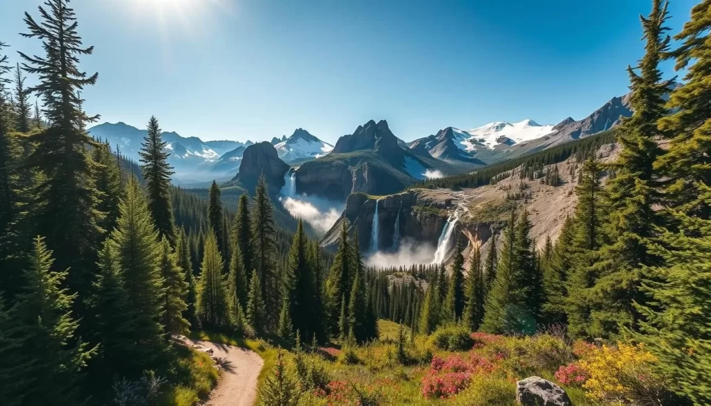 A breathtaking vista of the Dehcho Region's rugged hiking trails, bathed in the warm glow of a summer sun. In the foreground, a winding path winds through a lush, verdant forest, dotted with towering pines and vibrant wildflowers. The middle ground reveals dramatic rock formations and cascading waterfalls, their mist-shrouded beauty inviting exploration. In the distance, snow-capped peaks rise majestically, their jagged silhouettes framed by a clear, azure sky. The scene exudes a sense of tranquility and adventure, perfectly capturing the essence of the Dehcho Region's pristine wilderness and its alluring summer hiking trails.