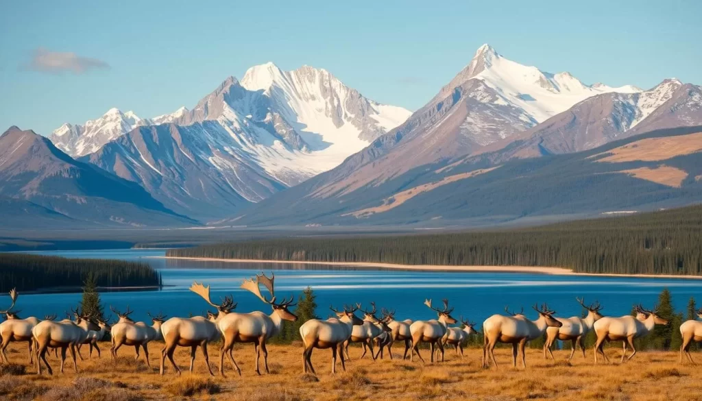 A breathtaking vista of the rugged Canadian North, where the Northwest Territories' boundless wilderness meets the horizon. In the foreground, a herd of majestic caribou graze peacefully, their sleek coats shimmering in the warm, golden sunlight. In the middle ground, a serene lake reflects the towering mountains and evergreen forests, creating a sense of tranquility. The background is dominated by snow-capped peaks, their jagged silhouettes cutting against a crystal-clear sky. The scene is illuminated by a soft, natural light, captured through the lens of a high-quality, wide-angle camera, inviting the viewer to immerse themselves in the beauty and wonder of this untamed northern landscape.