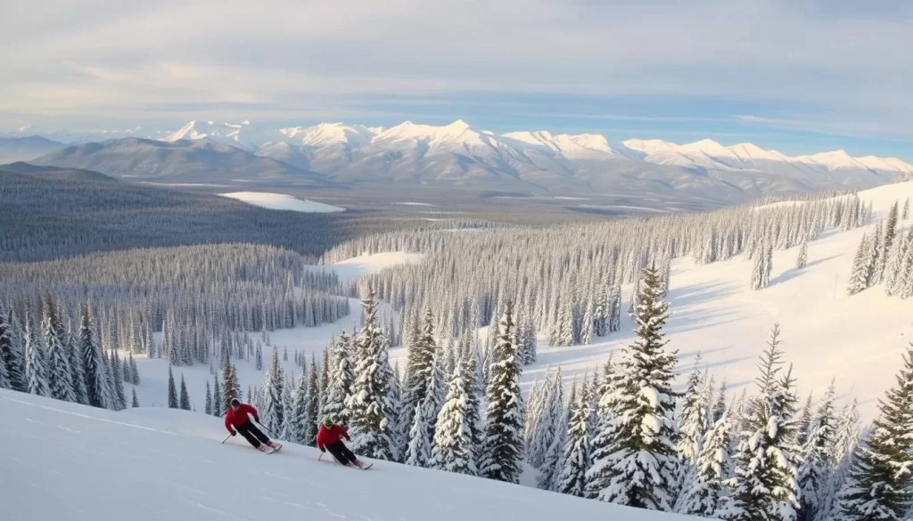 A breathtaking winter landscape at Asessippi Ski Area, Manitoba. In the foreground, a group of skiers and snowboarders gracefully carve through pristine, powdery snow. In the middle ground, the slopes wind through a picturesque forest, with evergreen trees blanketed in a layer of fresh snow. The background features the majestic, snow-capped peaks of the surrounding mountains, bathed in the warm glow of the sun. The scene is captured with a wide-angle lens, creating a sense of depth and grandeur. The lighting is soft and diffused, casting a serene, peaceful atmosphere over the entire scene.