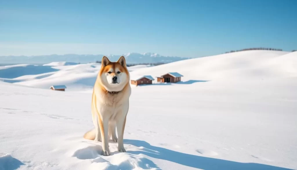 A breathtaking winter landscape in Akita Prefecture, Japan. A pristine blanket of pure white snow covers the rolling hills, contrasting with the azure sky above. In the foreground, a majestic Akita Inu, the iconic Japanese dog breed, stands proudly, its thick fur coat glistening in the soft, diffused natural light. In the middle ground, traditional wooden buildings with snow-capped roofs nestle amidst the tranquil scene. The background features the silhouettes of distant mountains, their peaks kissed by the winter sun. The overall mood is one of serene, peaceful beauty, perfectly capturing the essence of Akita's winter landscapes.