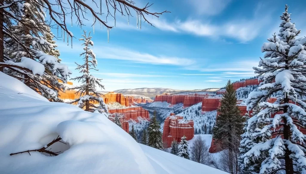 A breathtaking winter landscape in Cedar Breaks National Monument, Utah. The foreground is blanketed in pristine white snow, with delicate icicles dangling from the bare branches of towering pines. In the middle ground, the famous natural amphitheater of Cedar Breaks comes into view, its vibrant red and orange hoodoos contrasting against the azure sky above. Soft, diffused lighting illuminates the scene, casting a serene, ethereal glow over the entire vista. The composition captures the majesty and beauty of this unique geological wonder during the peaceful winter season.