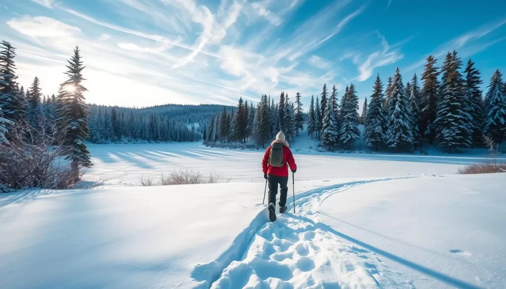 A breathtaking winter landscape in Rushing River Provincial Park, Manitoba. In the foreground, a hiker dressed in warm layers navigates the snowy trail, their footsteps leaving a delicate trail behind them. The middle ground features a majestic frozen river, its surface adorned with intricate patterns of ice crystals. In the background, tall, snow-capped evergreen trees frame the scene, casting long shadows across the pristine white expanse. The sky is a brilliant shade of blue, with wispy clouds drifting overhead, casting a soft, natural light across the entire composition. A sense of peaceful solitude and the beauty of the winter wilderness permeates the image.