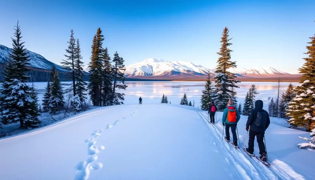 A breathtaking winter landscape in the Dehcho Region, Northwest Territories. In the foreground, snowshoers traverse a pristine, snow-covered trail, their footprints leaving a delicate trail behind them. In the middle ground, a frozen lake reflects the clear, azure sky and the surrounding snow-capped peaks. Tall, evergreen trees line the shores, their branches heavy with fresh snow. The background is dominated by a stunning mountain range, its rugged peaks piercing the horizon, bathed in the warm glow of the winter sun. The scene exudes a serene, peaceful atmosphere, inviting the viewer to immerse themselves in the magical winter wonderland of the Dehcho Region.