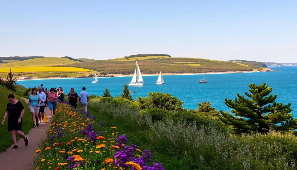 A bright spring day on Prince Edward Island. In the foreground, locals and visitors stroll along a picturesque coastal path, admiring the vibrant wildflowers and lush greenery. In the middle ground, sailboats glide across the sparkling azure waters of the Northumberland Strait, their white sails billowing in the gentle breeze. In the distance, rolling hills blanketed in verdant hues stretch towards the horizon, with the iconic red-sand beaches peeking out from between the trees. The scene is bathed in warm, golden light, conveying a sense of tranquility and rejuvenation. This idyllic springtime tableau captures the essence of Prince Edward Island's natural beauty and the joyful outdoor activities that thrive during this time of year.