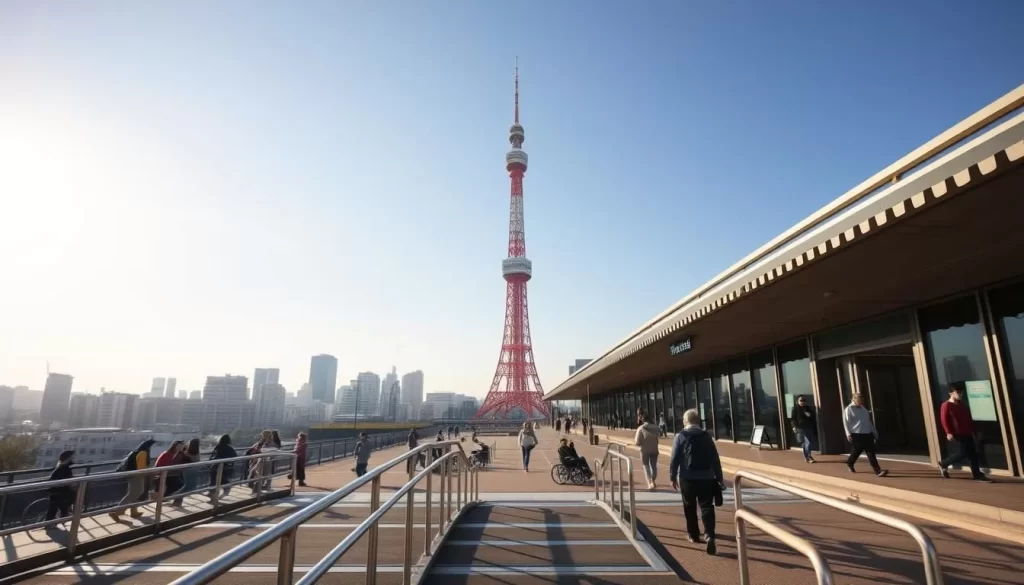 A bright, sunny day in Tōkyō, Japan, with the iconic Tōkyō Tower standing tall and proud against the clear sky. The foreground showcases the accessible entrance, with ramps and handrails leading visitors up to the tower's base. The middle ground features a bustling plaza, where people of all abilities navigate the space with ease, enjoying the breathtaking views of the city skyline. In the background, the distinct silhouette of the tower's unique architecture is illuminated by the warm, natural light, casting a warm glow over the entire scene. The overall atmosphere is one of accessibility, inclusivity, and the celebration of this architectural marvel.