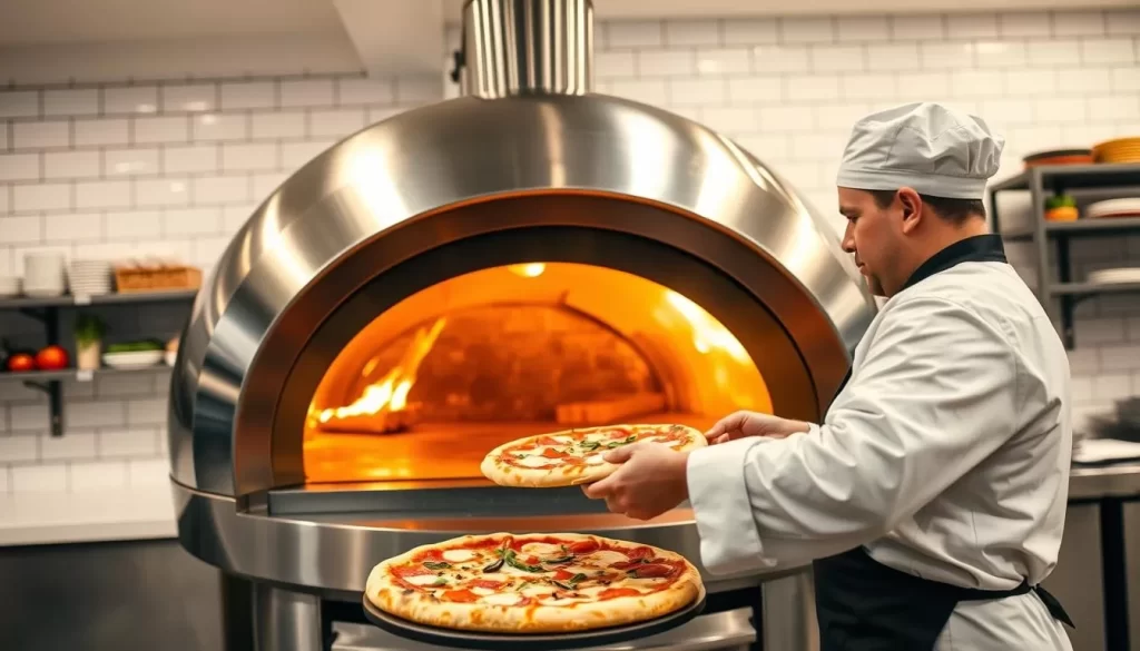A brightly lit, modern pizza oven in a spacious kitchen. The oven's sleek, stainless steel exterior gleams under the warm overhead lighting, while its interior glows with the radiant heat of a crackling wood fire. The oven's circular design and large viewing window allow for easy monitoring of the pizza-making process. In the foreground, a skilled pizza chef carefully slides a freshly topped pizza into the oven, their practiced movements showcasing the artistry and precision of their craft. The background features a clean, minimalist workspace, with shelves of fresh ingredients and a backdrop of white subway tiles, emphasizing the kitchen's dedication to quality and attention to detail.
