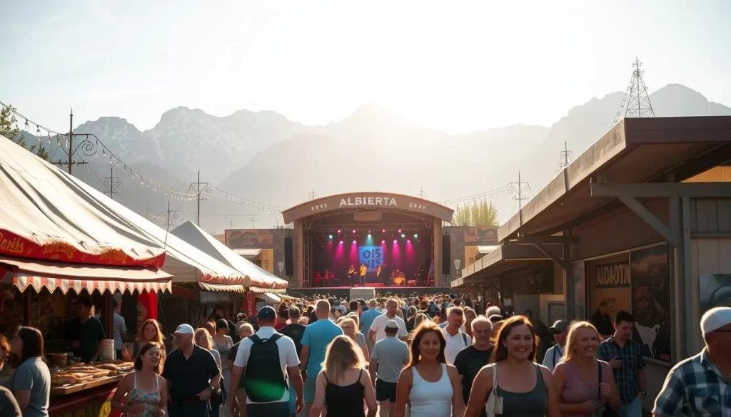 A bustling Alberta festival scene under a bright, warm sun. In the foreground, vibrant food stalls offer an array of local delicacies, their aromas wafting through the air. People stroll by, their faces lit with anticipation and delight. In the middle ground, a lively stage hosts energetic performances, music spilling out to enliven the atmosphere. In the background, towering mountains provide a majestic backdrop, adding a sense of grandeur to the festivities. The lighting is natural and diffused, casting a golden glow over the entire scene. The composition is balanced, drawing the eye through the different layers of the image. Overall, the image conveys the festive spirit and the spectacular natural setting of an Alberta festival.