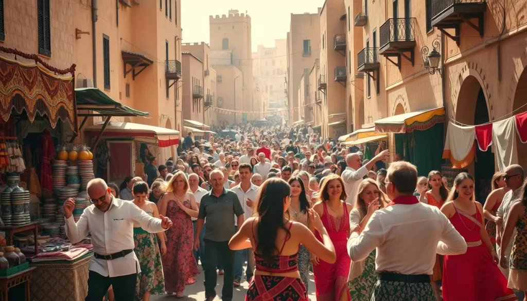 A bustling Algerian festival scene, captured in vibrant colors and rich cultural details. In the foreground, lively dancers perform traditional steps against a backdrop of ornately decorated stalls, their wares spilling out onto the sun-drenched street. In the middle ground, a crowd of jubilant onlookers sway to the rhythm of live music, their faces alight with joy. The background is framed by towering adobe buildings, their intricate patterns and textures lending an air of timeless authenticity. The warm, golden light of the day casts a gentle glow over the entire tableau, evoking the warmth and hospitality of Algerian festival culture.