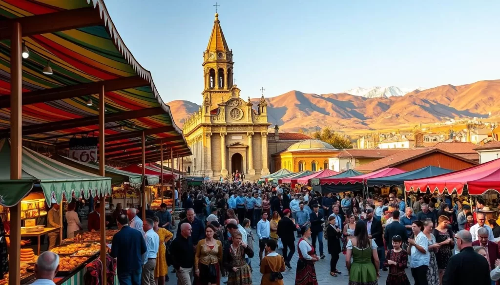 A bustling Armenian festival in a vibrant town square, with colorful pavilions, traditional music, and lively folk dancers adorned in intricate costumes. In the foreground, a lively crowd gathers around artisanal food stalls, their aromas mingling with the scent of freshly brewed tea. In the middle ground, a grand stone cathedral towers, its ornate architecture bathed in warm, golden light. In the background, rolling hills and snow-capped peaks create a picturesque, serene landscape, complementing the energetic festivities.