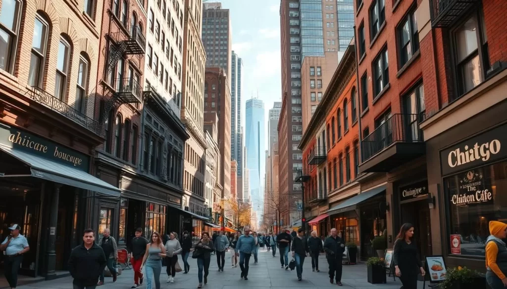 A bustling Chicago neighborhood filled with locals strolling along quaint streets, admiring the iconic architecture. Sunlight dapples the sidewalks, casting warm shadows on the historic buildings. Residents window-shop at artisanal boutiques and independent cafes, their lively chatter mingling with the gentle breeze. In the distance, the towering skyscrapers of the city skyline serve as a dramatic backdrop, hinting at the vibrant culture and energy beyond this charming neighborhood oasis. Capture this inviting, authentic slice of Chicago life through a wide-angle lens, showcasing the harmonious blend of urban and community vibes.