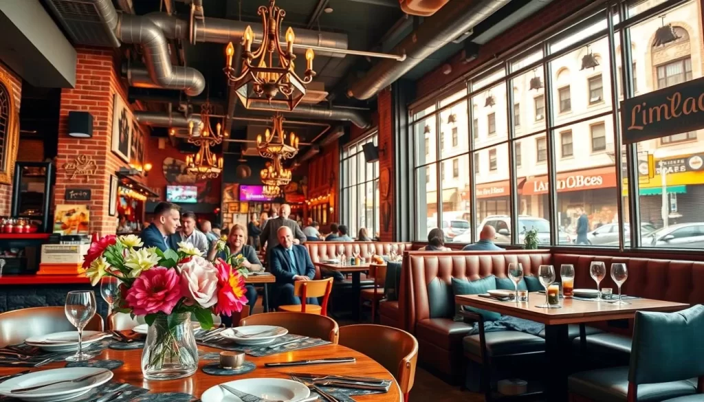 A bustling Chicago restaurant filled with vibrant energy and unique decor. The foreground features a table setting with an eclectic mix of plates, utensils, and a centerpiece of fresh flowers. The middle ground showcases the dining room's quirky ambiance, with exposed brick walls, vintage chandeliers, and a mix of booth and table seating. In the background, a large window offers a glimpse of the lively city street outside, bathed in warm, golden afternoon light. The overall mood is one of a delightfully unexpected and immersive dining adventure.