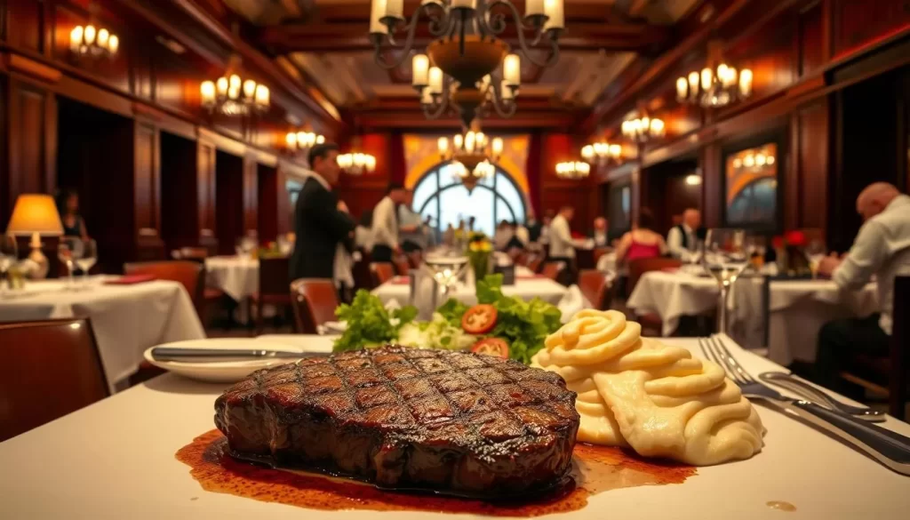 A bustling Chicago steakhouse, its mahogany-lined interior bathed in warm, golden light from wrought-iron chandeliers. At the center, an expertly grilled ribeye steak sizzles on a white tablecloth, surrounded by crisp, fresh salads and a decadent side of creamy mashed potatoes. In the background, servers in crisp white shirts and black ties move gracefully between the tables, while the low hum of conversation and the clink of glasses create a convivial atmosphere. Elegant but inviting, this is the quintessential Chicago steakhouse experience.