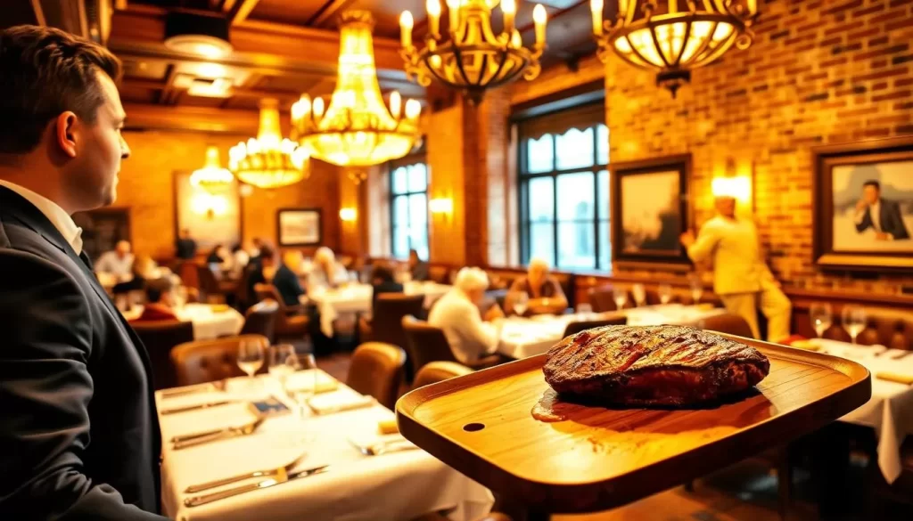 A bustling Chicago steakhouse with a sophisticated ambiance. The scene depicts a cozy yet elegant dining room bathed in warm, golden lighting from ornate chandeliers overhead. Crisp white tablecloths, polished silverware, and plush leather seating create an inviting atmosphere. In the foreground, a server presents a sizzling, perfectly grilled steak on a wooden serving tray, while patrons converse over fine wine at well-appointed tables. The background reveals a classic brick interior with rich wood paneling and framed artwork, conveying a timeless, traditional Chicago steakhouse experience. The overall mood is one of refined sophistication and indulgence.