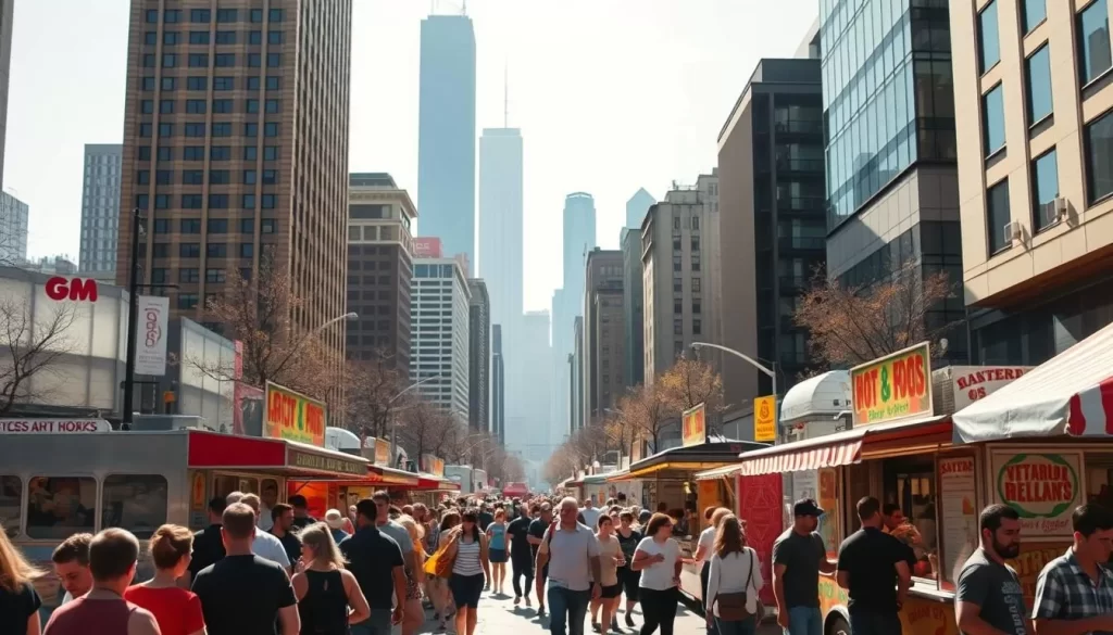 A bustling Chicago street on a sunny day, the sidewalks lined with vibrant food carts and food trucks serving up a mouthwatering array of local specialties. In the foreground, a crowd of hungry patrons eagerly awaits their orders of famous Chicago-style hot dogs, sizzling Italian beef sandwiches, and savory Polish sausages. The middle ground features the dynamic food vendors, their carts adorned with bold graphics and enticing aromas wafting through the air. In the background, the iconic skyline of downtown Chicago rises majestically, framing the lively scene with its towering skyscrapers and architectural grandeur. The lighting is warm and natural, casting a golden glow over the bustling street, evoking a sense of energy and authenticity.