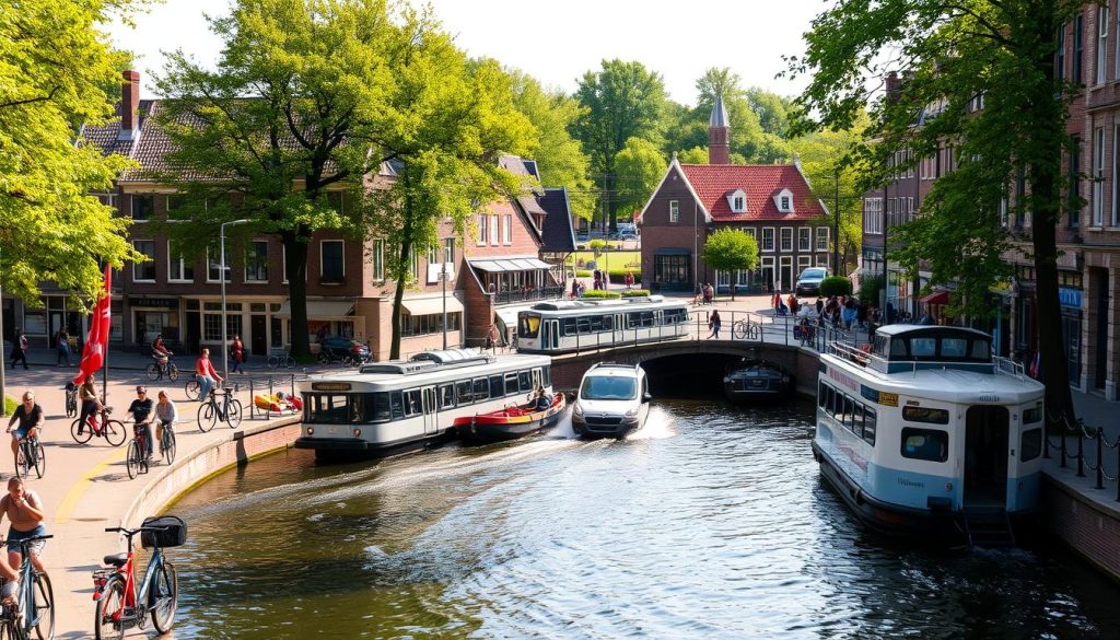 A bustling Dutch cityscape, with a quintessential canal winding through the frame. In the foreground, a diverse array of transportation modes: bicycles, trams, and boats gliding across the tranquil water. The middle ground features iconic Dutch architecture - quaint brick buildings with gabled roofs and charming shopfronts. Dappled sunlight filters through, casting a warm, inviting glow. In the background, a verdant park or town square, with people strolling leisurely, embracing the picturesque setting. Capture the essence of the Netherlands' efficient, eco-friendly, and pedestrian-friendly transportation network, set against a backdrop of historic beauty and modern convenience.