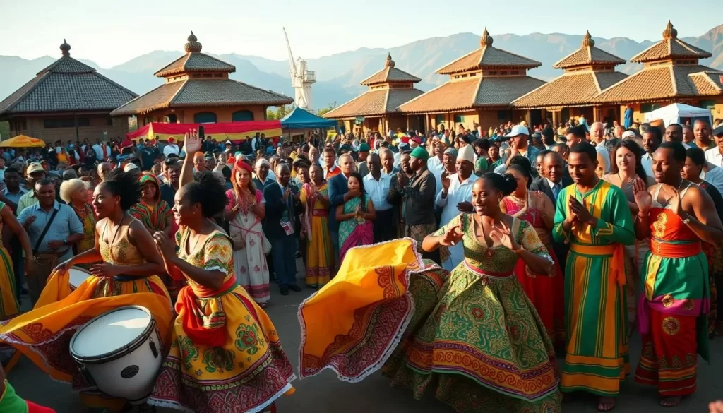 A bustling Ethiopian festival celebration, with vibrant traditional attire, intricate dance performances, and a lively atmosphere. In the foreground, a group of dancers move gracefully to the rhythm of drums and lyrical chants. Their colorful, embroidered costumes sway in the warm, golden light. In the middle ground, a crowd of spectators clap and cheer, their faces alight with joy and celebration. In the background, a backdrop of ornate, thatched-roof buildings and majestic mountains provide a stunning natural setting. The overall scene captures the rich cultural heritage and joyous spirit of an Ethiopian festival celebration.