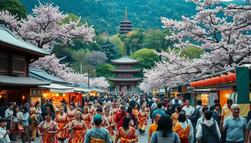 A bustling Gunma Prefecture festival scene, with vibrant crowds gathered amidst a backdrop of traditional architecture and lush greenery. In the foreground, a colorful parade of dancers and musicians in ornate costumes, their movements captured with a cinematic, medium-wide angle lens. In the middle ground, stalls selling local delicacies and handicrafts, illuminated by warm, natural lighting. In the distance, a pagoda-style shrine stands tall, surrounded by cherry blossom trees in full bloom, creating a serene and atmospheric ambiance. The overall mood is one of joyous celebration, showcasing the unique cultural heritage of Gunma Prefecture, Japan.