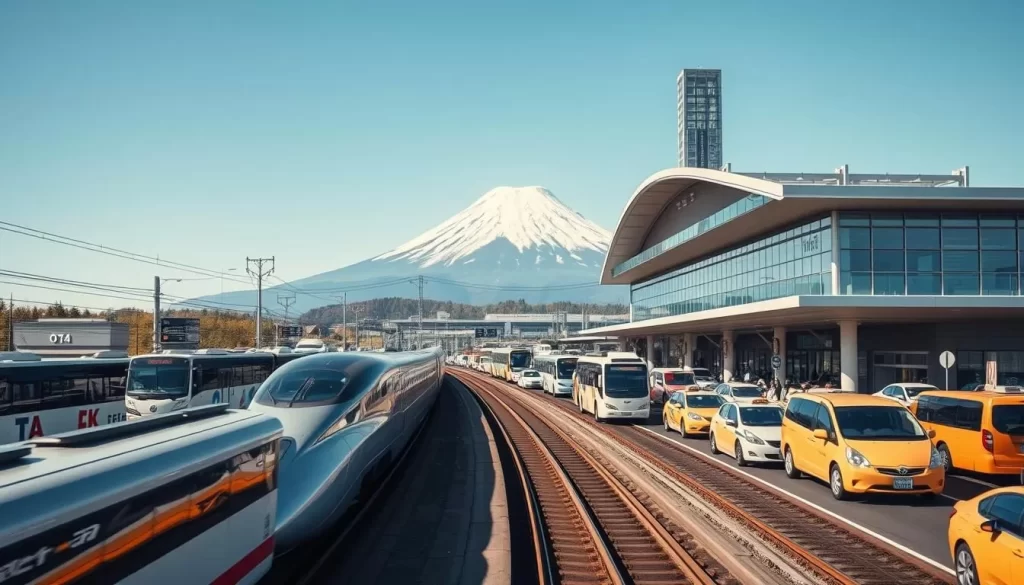 A bustling Hokkaido transportation hub on a sunny day. In the foreground, a gleaming bullet train smoothly glides along the tracks, its sleek design cutting through the air. Surrounding it, an array of modern buses and taxis ferry passengers to and fro, their vibrant colors contrasting against the crisp, blue sky. In the middle ground, a bustling train station stands tall, its glass-paneled facade reflecting the natural light. Towering in the background, the majestic Mount Yōtei looms, its snow-capped peak a testament to Hokkaido's breathtaking natural beauty. The scene exudes a sense of efficient, seamless connectivity, inviting visitors to explore this remarkable region with ease.