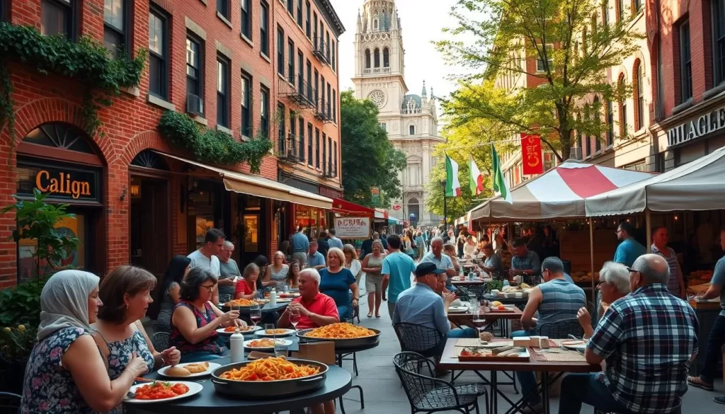 A bustling Italian-American neighborhood in Chicago, with brick buildings, lush foliage, and a vibrant street scene. In the foreground, families gather around outdoor tables, enjoying hearty pasta dishes, freshly baked bread, and robust red wine. The aroma of garlic and simmering tomatoes fills the air, as locals and visitors alike immerse themselves in the rich culinary heritage. In the middle ground, a lively outdoor market showcases vibrant produce, artisanal cheeses, and handcrafted pasta. The background features a towering cathedral, its ornate façade a testament to the Italian influence that has shaped the city's architecture. Warm, golden sunlight filters through the scene, creating a cozy, inviting atmosphere that celebrates the enduring spirit of Chicago's Italian-American community.