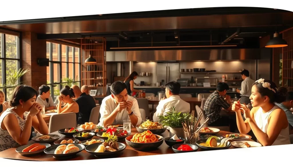 A bustling Japanese restaurant in the heart of London, bathed in warm, natural lighting that filters through large windows. In the foreground, a table of diners savoring an array of exquisite dishes - sushi, ramen, yakitori, and more, capturing the essence of authentic Japanese cuisine. The middle ground features the energetic open kitchen, where chefs skillfully prepare each order with precision. The background showcases the restaurant's contemporary, yet cozy ambiance, with minimalist decor and subtle nods to Japanese design elements. Overall, a scene that celebrates the rise of Japanese gastronomy in the vibrant city of London.