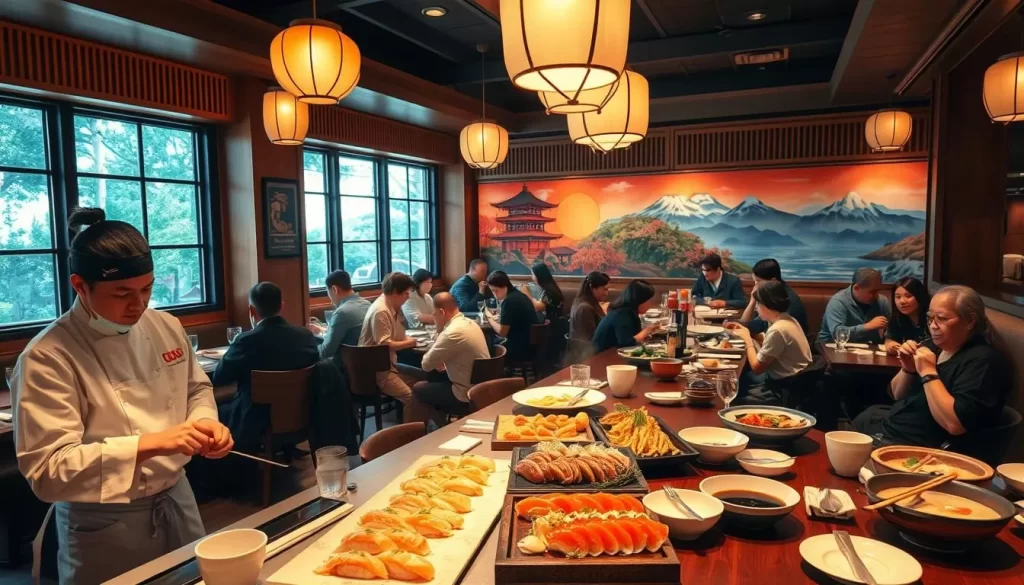 A bustling Japanese restaurant nestled in the heart of Arlington Heights, Illinois. Warm, natural lighting filters through large windows, casting a cozy glow over the elegant wooden furnishings and intricate origami decorations. In the foreground, a skilled sushi chef delicately prepares a platter of freshly sliced nigiri and sashimi, while diners at the bar sip steaming cups of matcha tea. In the middle ground, patrons enjoy hearty ramen bowls and delicate tempura dishes, sharing lively conversation. The background reveals a vibrant mural depicting a serene Japanese landscape, transporting the senses to the tranquil beauty of the Far East. An inviting, authentic atmosphere that captures the essence of Japanese cuisine thriving in the Chicago suburbs.