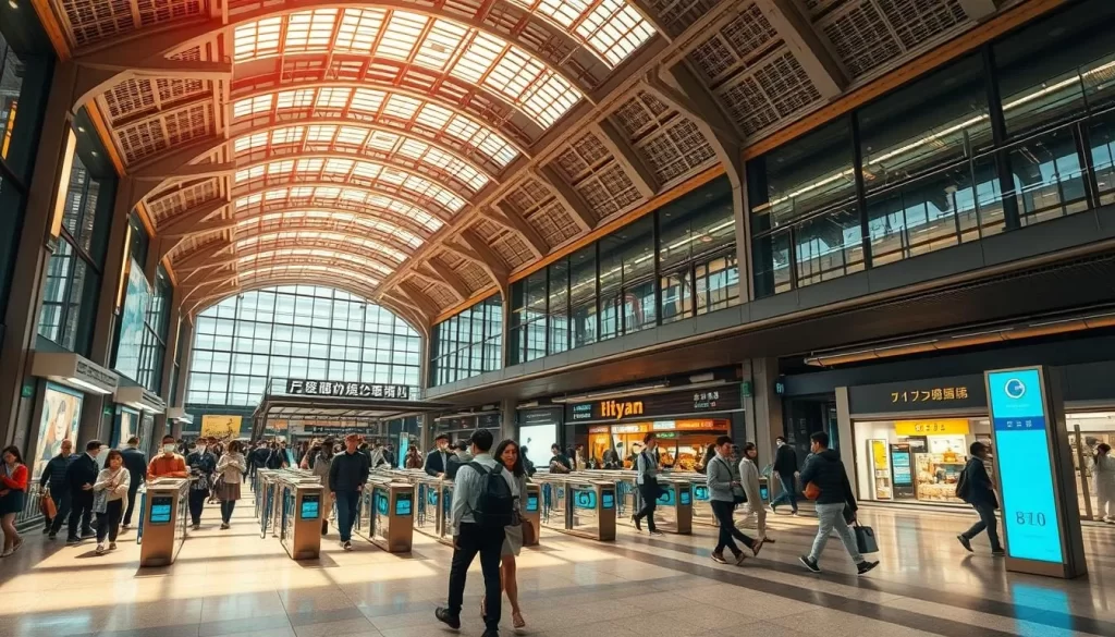 A bustling Japanese train station nestled in the heart of Tokyo, Shinagawa Station stands as a vibrant hub of activity. Capture the scene with a wide-angle lens, showcasing the grand, modern architecture adorned with glass and steel. Depict the concourse brimming with commuters hurrying to their platforms, their movements flowing like a river. In the foreground, highlight the intricate details of the station's design - sleek ticket gates, digital displays, and polished floors. The mid-ground should feature bustling shops and eateries, their storefronts beckoning passersby. Bathe the entire scene in warm, natural lighting, casting a welcoming glow over the bustling environment. Convey a sense of energy, efficiency, and urban sophistication that defines this essential Tokyo landmark.