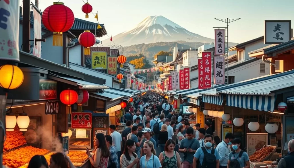 A bustling Kanagawa festival, with rows of vibrant food stalls lining the streets. Steaming takoyaki, crisp tempura, and skewered yakitori fill the air with mouthwatering aromas. In the foreground, colorful lanterns and decorative banners sway gently in the breeze, creating a warm, festive atmosphere. In the middle ground, a diverse crowd of locals and tourists weave through the stalls, sampling delectable regional specialties. The background features traditional Japanese architecture and the iconic Mount Fuji in the distance, bathed in golden afternoon light. Capture the energy, flavors, and cultural essence of a Kanagawa festival with natural, balanced lighting and a wide-angle lens to immerse the viewer.
