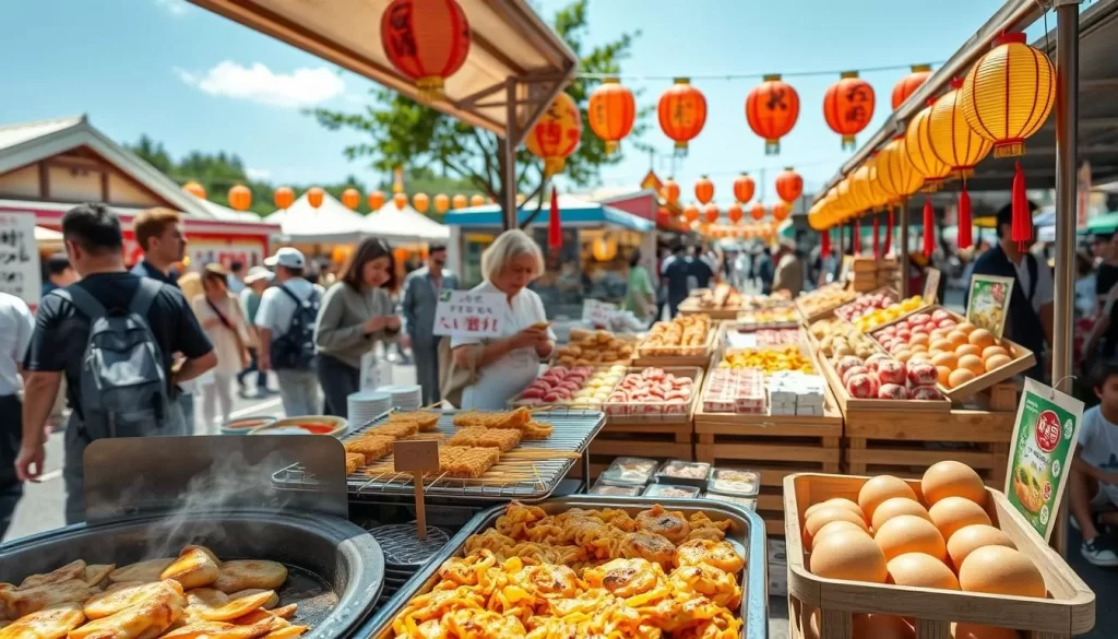 A bustling Kōchi festival stall showcasing an array of tantalizing regional delicacies. In the foreground, fragrant okonomiyaki sizzles on a hot griddle, its savory scent wafting through the air. Beside it, skewers of yakisoba noodles and crisp takoyaki balls tempt passersby. In the middle ground, a colorful display of classic sweets like kushi-dango and manju fills small wooden carts, their traditional packaging hinting at centuries-old recipes. The background is alive with the energy of the festival, with festival lanterns casting a warm glow and the lively chatter of vendors and visitors creating a lively atmosphere. Capture the essence of Kōchi's vibrant food culture, framed by a beautiful natural setting under a clear, sunny sky.
