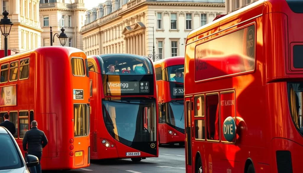 A bustling London street, bathed in warm, golden sunlight. The iconic red double-decker buses glide effortlessly through the scene, their sleek contours and gleaming chrome accents reflecting the vibrant energy of the city. Passengers board and disembark, their faces alight with anticipation and purpose. In the background, the stately architecture of London's historic buildings provides a timeless backdrop, while the gentle hum of traffic and the chatter of pedestrians create a captivating symphony of urban life. The image conveys the convenience, efficiency, and quintessential charm of London's renowned public transportation system, inviting the viewer to imagine themselves navigating the city's iconic red buses.