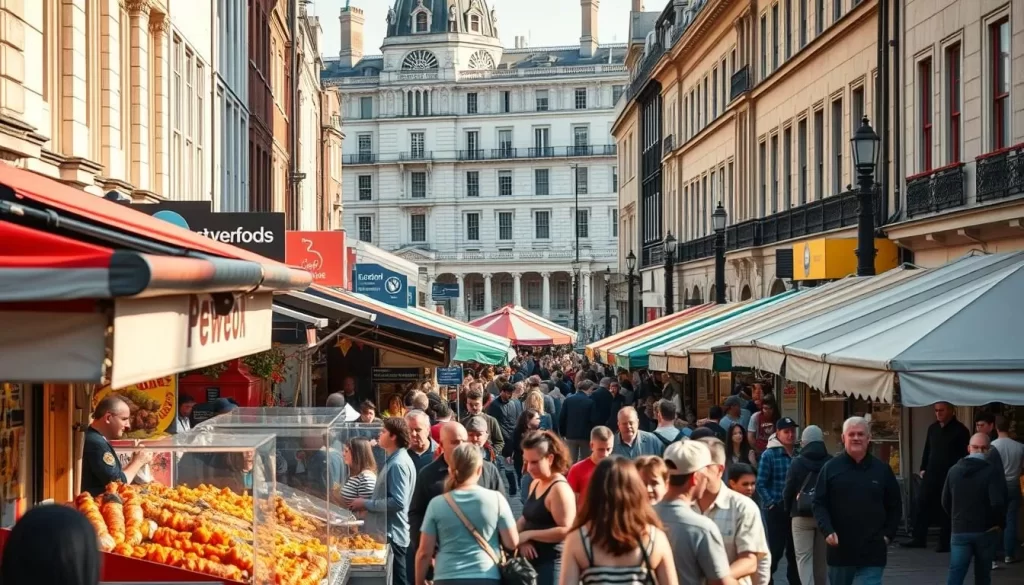A bustling London street, lined with vibrant food stalls and lively crowds. In the foreground, a vibrant array of diverse cuisines, from sizzling kebabs to fragrant curries, enticing passersby. The middle ground showcases colorful market tents, their awnings fluttering in the gentle breeze. In the background, the iconic architecture of London's historic buildings provides a stunning backdrop, bathed in warm, golden sunlight. The scene exudes an energetic, cosmopolitan atmosphere, capturing the essence of London's thriving street food culture.