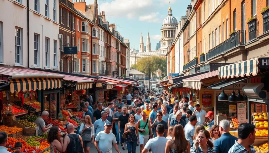 A bustling London street market on a sunny day, with colorful stalls selling an array of fresh produce, artisanal goods, and delectable street food. The foreground is filled with lively crowds browsing the offerings, pausing to sample aromatic dishes from sizzling grills and food carts. In the middle ground, quaint Victorian-era buildings and cobblestone streets frame the scene, while the background features a glimpse of iconic London landmarks, bathed in warm, golden light. The atmosphere is vibrant, inviting, and bursting with the energy of a quintessential city market experience.