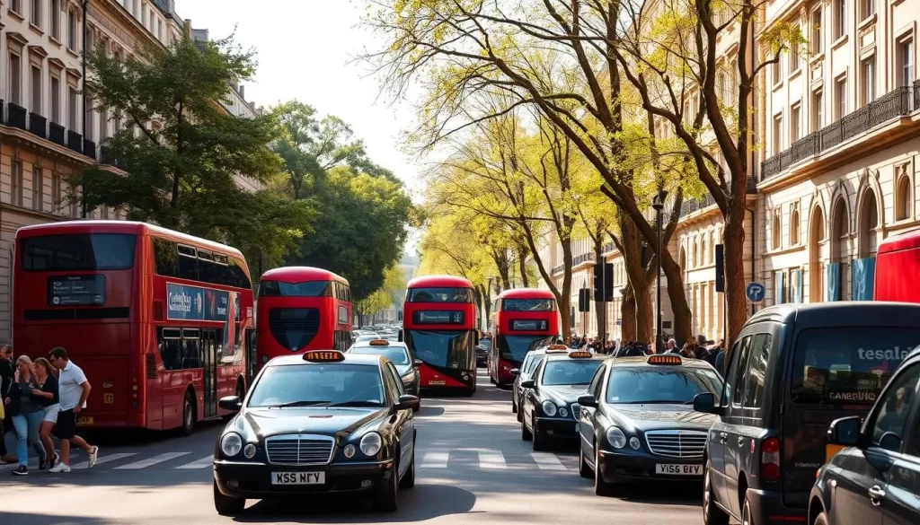 A bustling London street scene on a sunny day, with iconic red double-decker buses and black cabs navigating the left-side traffic. Pedestrians cautiously look both ways as they cross the road, taking care to avoid the oncoming vehicles. The facades of historic buildings line the sidewalks, their intricate architectural details basking in the warm, golden light. Tall trees sway gently, casting soft shadows across the vibrant, lively street. The atmosphere exudes the energy and hustle of the city, tempered by a sense of timelessness that is quintessentially London.