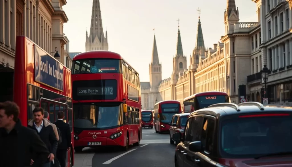 A bustling London street scene, showcasing the iconic red double-decker buses and black cabs that embody the city's vibrant transportation network. In the foreground, pedestrians hurry along the sidewalks, while in the middle ground, the buses glide smoothly along the road, their chrome fittings gleaming in the warm afternoon sunlight. In the background, the towering spires and facades of historic buildings lend an air of timeless elegance to the scene. The lighting is soft and natural, casting long shadows and creating a sense of depth and dimension. The overall mood is one of energy and efficiency, capturing the essence of London's renowned public transportation system.