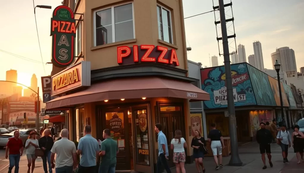 A bustling Los Angeles street scene, with a charming pizzeria in the foreground. The storefront is adorned with classic neon signage and vintage-inspired decor, beckoning passersby to step inside. The aroma of freshly baked dough and melted cheese wafts through the air, inviting you to explore the diverse flavors of LA's celebrated pizza culture. In the middle ground, people stroll along the sidewalk, carrying on conversations and admiring the vibrant murals that adorn the neighboring buildings. The background is filled with the iconic skyline of downtown LA, bathed in the warm glow of a golden hour sunset. Capture the energy, the diversity, and the unparalleled culinary experience that makes Los Angeles a premier destination for pizza enthusiasts.