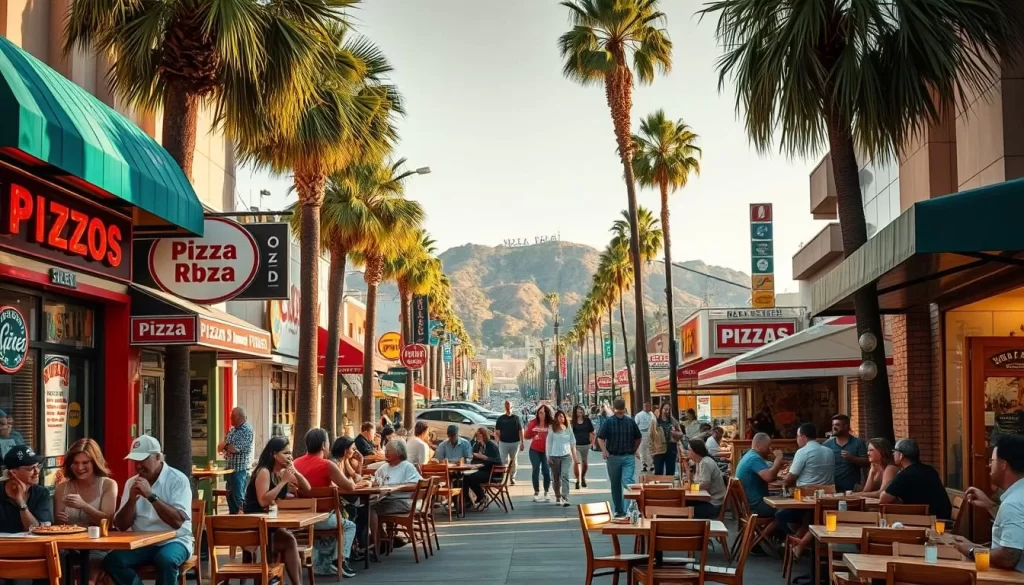 A bustling Los Angeles street, with an array of vibrant pizza parlors lining the sidewalks. Wooden tables and chairs spill out onto the pavement, filled with locals and tourists alike, enjoying slices of steaming hot pizza, their laughter and conversation creating a lively atmosphere. The storefront awnings display iconic logos and neon signs, reflecting the city's diverse pizza culture. In the background, palm trees sway gently, and the iconic Hollywood hills rise up, creating a quintessential California backdrop. The scene is bathed in warm, golden light, capturing the relaxed, al fresco dining experience that has become synonymous with the pizza culture of Los Angeles.
