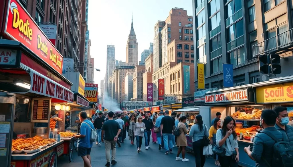 A bustling Manhattan street, lined with vibrant food carts and vendors. In the foreground, sizzling hot dogs, steaming pretzels, and fragrant halal dishes. Mid-ground, diverse pedestrians savor their street food delights under a warm, golden-hour glow. In the background, iconic skyscrapers and a clear blue sky create a dynamic urban setting. The scene radiates the energy and excitement of New York City's renowned street food culture.
