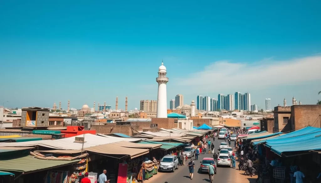 A bustling Mogadishu cityscape, captured on a warm, sunny day. In the foreground, vibrant open-air markets brimming with local wares and bustling crowds. The middle ground features the iconic white-domed Mogadishu Lighthouse, its graceful silhouette standing tall against a cloudless azure sky. Farther back, the skyline is punctuated by the distinctive minarets of historic mosques and the sleek, modern high-rises of the city's new business district. Pedestrians and vehicles weave through the lively streets, showcasing the city's resilience and cultural energy. An atmospheric travel guide to this captivating Somali metropolis.