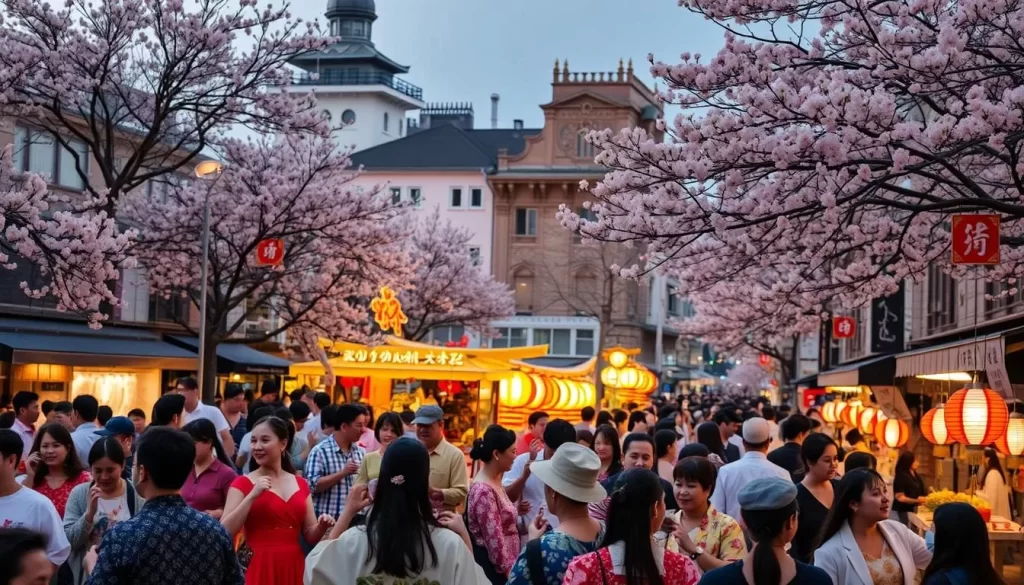 A bustling Nagasaki festival scene, with vibrant colors and lively atmosphere. In the foreground, people dressed in traditional Japanese attire, dancing and celebrating. In the middle ground, ornate floats and lanterns illuminate the streets, casting a warm glow. In the background, historic buildings and cherry blossom trees frame the festivities. Soft, natural lighting illuminates the joyous crowd, captured with a wide-angle lens to convey the scale and energy of the event. The overall mood is one of cultural heritage, community, and shared celebration.