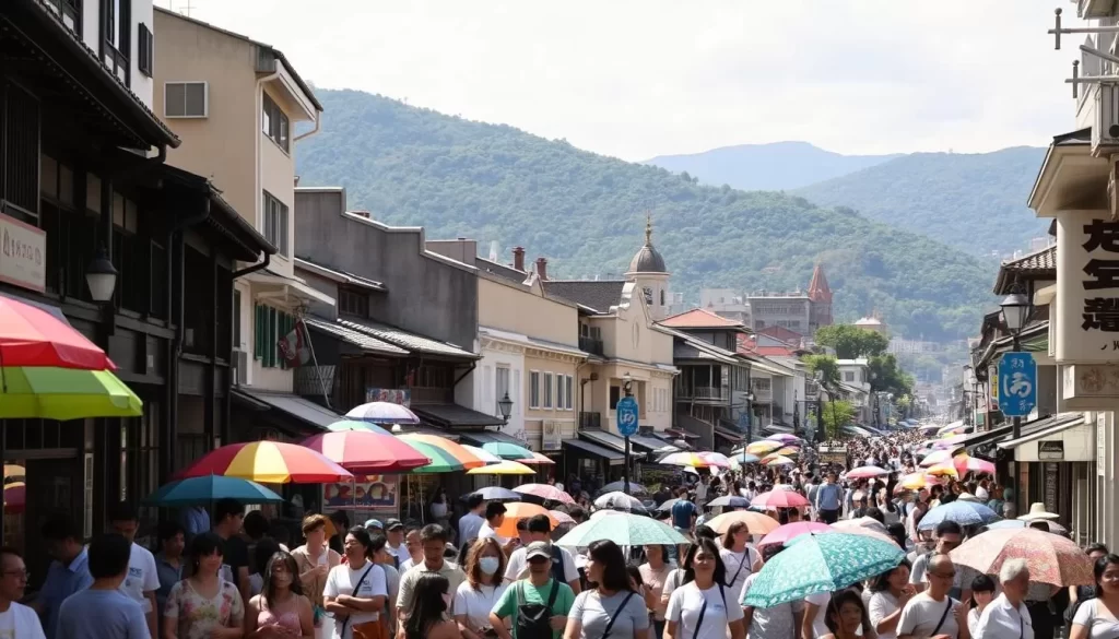 A bustling Nagasaki street scene on a pleasant day. In the foreground, throngs of locals and tourists navigate the lively sidewalks, their colorful umbrellas and parasols dotting the landscape. In the middle ground, historic buildings and shops line the streets, their traditional architecture giving the scene an authentic Japanese ambiance. The background features the city's iconic hills and mountains, their verdant slopes providing a serene contrast to the energetic crowds. Warm, diffused sunlight filters through the scene, creating a soft, inviting atmosphere. The overall impression is one of a vibrant, yet relaxed urban environment, free from the crush of peak tourist seasons.