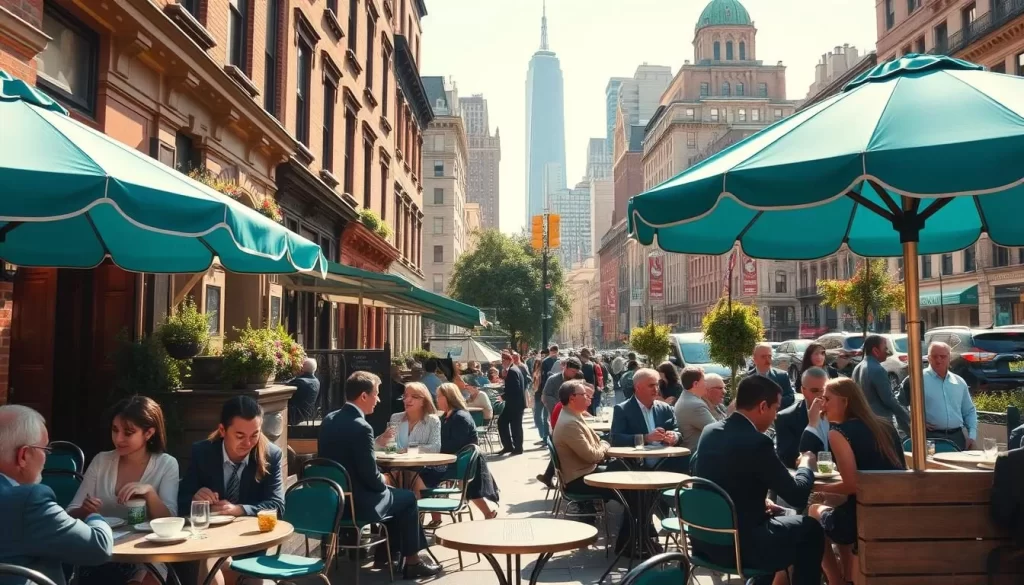 A bustling New York City dining scene on a bright, sunny day. A sidewalk cafe in Soho, with quaint bistro tables and teal-striped umbrellas. Smartly dressed patrons enjoying leisurely meals and sipping coffee. In the middle ground, a charming brownstone facade with flower boxes in the windows. The background features the iconic skyscrapers of the Manhattan skyline, bathed in warm, golden light. The atmosphere exudes a lively, urbane vibe, perfectly capturing the unique dining experiences that make New York City a culinary capital.