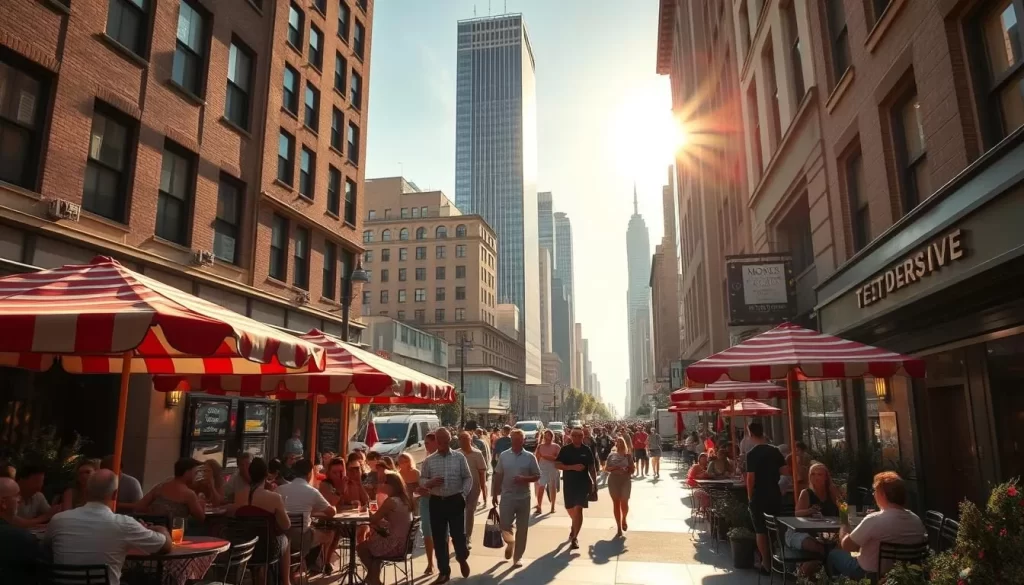 A bustling New York City dining scene on a bright, sunny day. In the foreground, a lively outdoor cafe with people enjoying their meals and drinks at small, round tables under red and white striped umbrellas. In the middle ground, passersby stroll along the sidewalks, taking in the sights and sounds of the vibrant neighborhood. In the background, the iconic skyscrapers of Manhattan's skyline rise up, casting long shadows across the street. Warm, diffused lighting illuminates the scene, capturing the energy and excitement of dining out in the heart of the city.