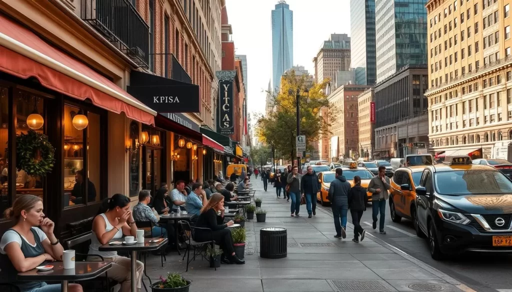 A bustling New York City sidewalk, lined with charming cafes and restaurants. In the foreground, al fresco diners enjoy their meals at intimate tables, sipping coffee and local craft beers. The middle ground showcases the vibrant energy of the city, with passersby strolling by and the occasional yellow taxi cruising past. In the background, the iconic skyscrapers of Manhattan rise up, bathed in warm, golden light from the afternoon sun. The scene exudes a lively, cosmopolitan atmosphere, capturing the essence of NYC's celebrated dining culture.