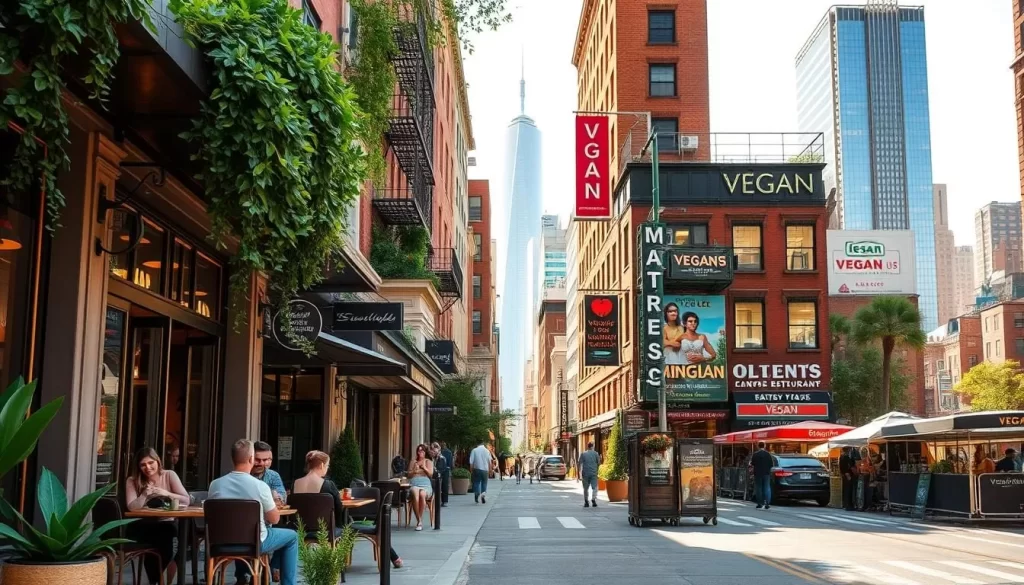 A bustling New York City street, lined with vibrant storefronts and inviting outdoor seating. In the foreground, a group of friends enjoying a leisurely lunch at a chic vegan cafe, surrounded by lush greenery and modern decor. The middle ground showcases a diverse array of vegan restaurants, from cozy bistros to sleek, high-end eateries, all bathed in the warm, golden light of a sun-dappled day. In the background, the iconic skyline of Manhattan rises, a testament to the city's dynamic culinary scene. The atmosphere exudes a sense of community, sustainability, and a celebration of plant-based cuisine.