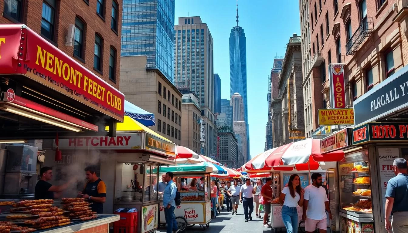 A bustling New York City street on a sunny day, filled with vibrant food carts and stands offering an array of diverse, mouth-watering street food options. In the foreground, a vendor grills savory kebabs, while nearby, a steaming hot dog cart serves up classic New York-style franks. In the middle ground, colorful umbrellas shade vendors selling fragrant curries, crisp falafel, and tempting crepes. In the background, the iconic skyscrapers of Manhattan rise up, providing a picturesque urban backdrop. The scene is alive with the sights, sounds, and aromas of the city's vibrant street food culture, capturing the energy and diversity that make New York City a renowned culinary destination.